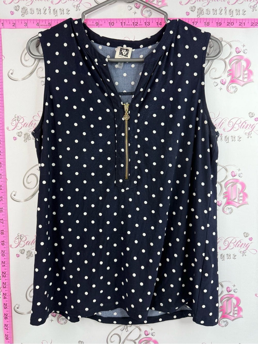 Anne Klein tank top charm gold Navy and White Polka Dot Zip-Front Tank